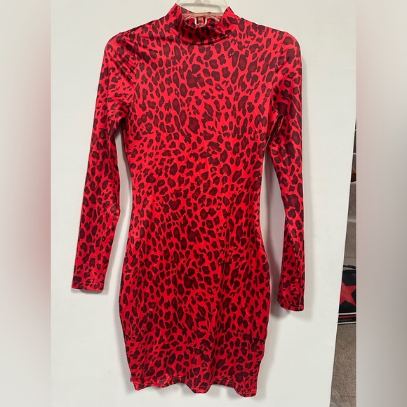 SEXY RED LEOPARD DRESS LONG SLEEVE BODYCON STRETCH - Picture 1 of 4